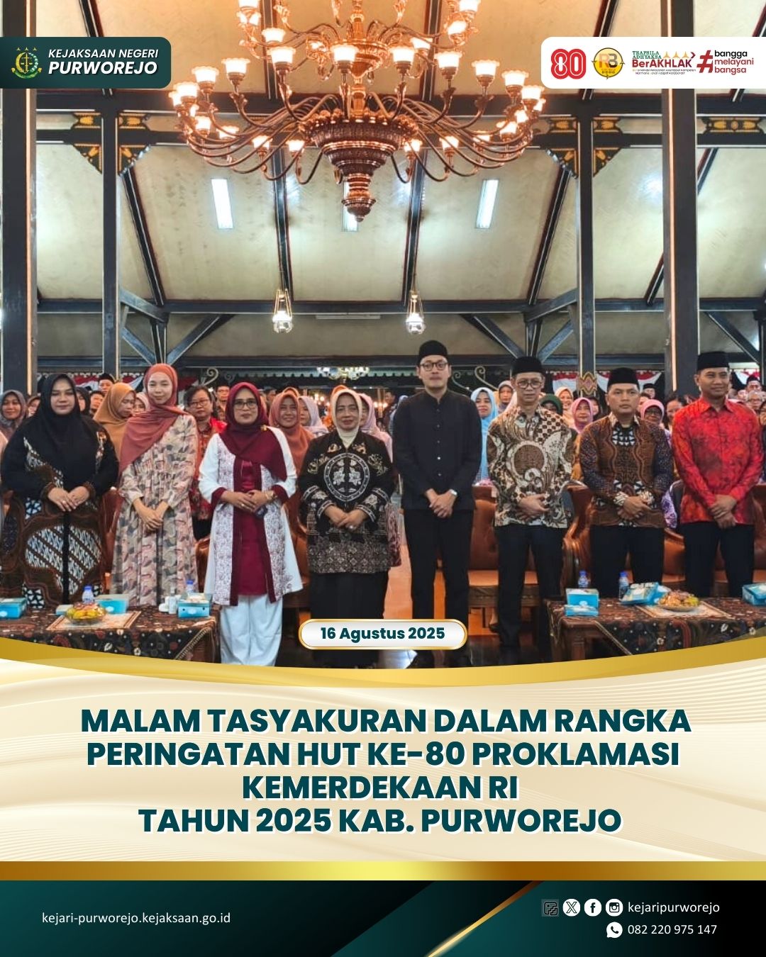 Malam Tasyakuran dalam rangka Peringatan HUT ke-80 Proklamasi Kemerdekaan Republik Indonesia Tahun 2025 Kabupaten Purworejo